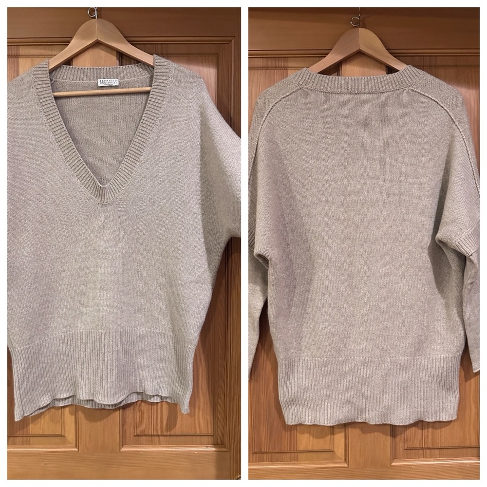 Brunello Cucinelli Cashmere pullover w/ sleeve detail.